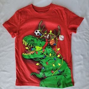 Cat & Jack Boys T-Shirt, Red, Tree Rex Christmas Dinosaur, Size XS 4/5 (NWOT)